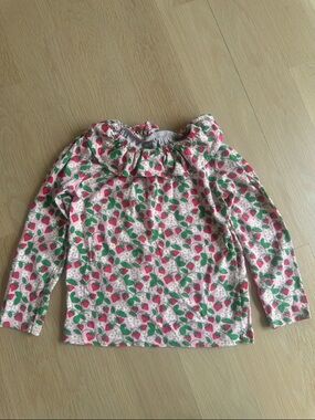 Mini Boden Pink Ruffle-Neck Strawberry Print Long-Sleeve Top